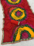 Georgette Bandhani Print Saree with Embroidered Lace Border
