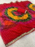 Georgette Bandhani Print Saree with Embroidered Lace Border