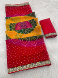 Georgette Bandhani Print Saree with Embroidered Lace Border