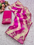 pitta embroidery work "C PALLU " design on laheriya print saree with embroidered blouse.