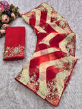pitta embroidery work "C PALLU " design on laheriya print saree with embroidered blouse.