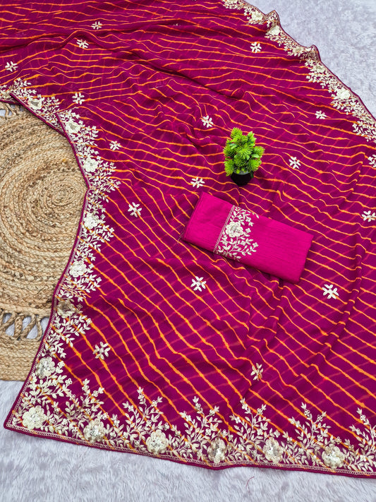 laheriya print georgette fabric embroidered saree