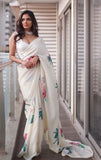 Minimalist Off-White Botanical Satin Draped Printed Saree