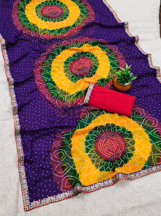 Georgette Bandhani Print Saree with Embroidered Lace Border