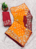 pitta work bandhani print georgette saree
