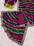 moss chiffon fabric laheriya print saree with cutwork lace border.