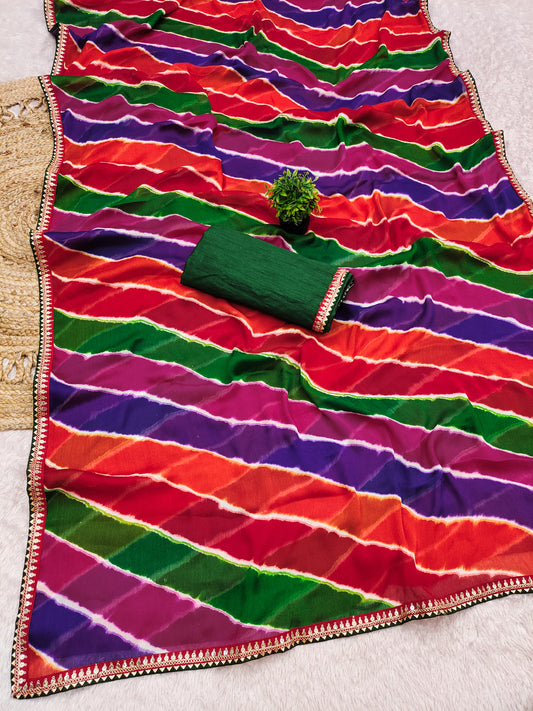 pure chiffon fabric sawan special laheriya print saree with embroidery work lace border.