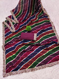 moss chiffon fabric laheriya print saree with cutwork lace border.