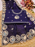 Fendi sattin chiffon fabric with embroidery work design on allover saree.