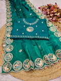 Fendi sattin chiffon fabric with embroidery work design on allover saree.