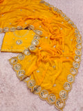 Fendi sattin chiffon fabric with embroidery work design on allover saree.