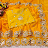 Fendi sattin chiffon fabric with embroidery work design on allover saree.