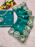 Fendi sattin chiffon fabric with embroidery work design on allover saree.