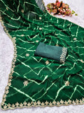 Laheriya print saree with beads embroidery work with embroidered blouse.