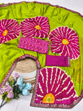 Pure Moss Chiffon Printed Saree with Premium Embroidered Lace Border & Dual Blouse