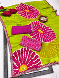 Pure Moss Chiffon Printed Saree with Premium Embroidered Lace Border & Dual Blouse