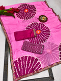 Pure Moss Chiffon Printed Saree with Premium Embroidered Lace Border & Dual Blouse