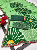 Pure Moss Chiffon Printed Saree with Premium Embroidered Lace Border & Dual Blouse