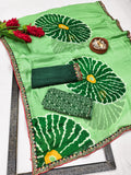 Pure Moss Chiffon Printed Saree with Premium Embroidered Lace Border & Dual Blouse