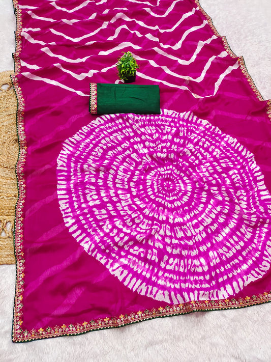 laheriya print moss chiffon fabric saree,with embroidery work saree.