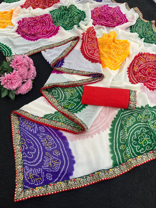 Pure Moss Chiffon fabric bandhani print saree with embroidery work lace border.
