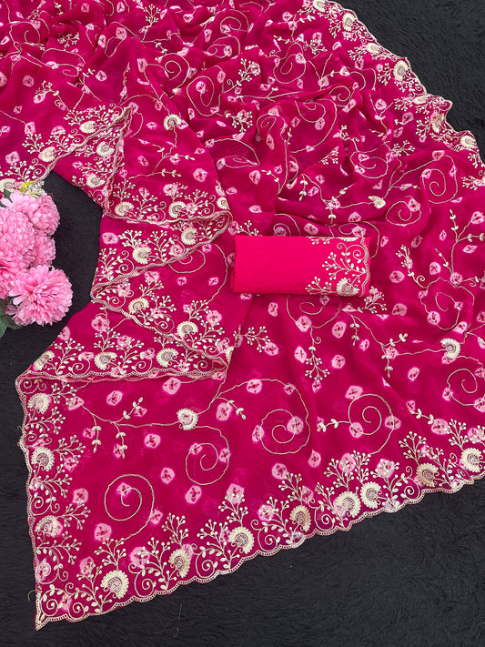 pitta embroidery work coin design mill print saree with embroidered blouse