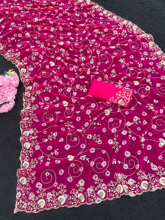 pitta embroidery work coin design mill print saree with embroidered blouse