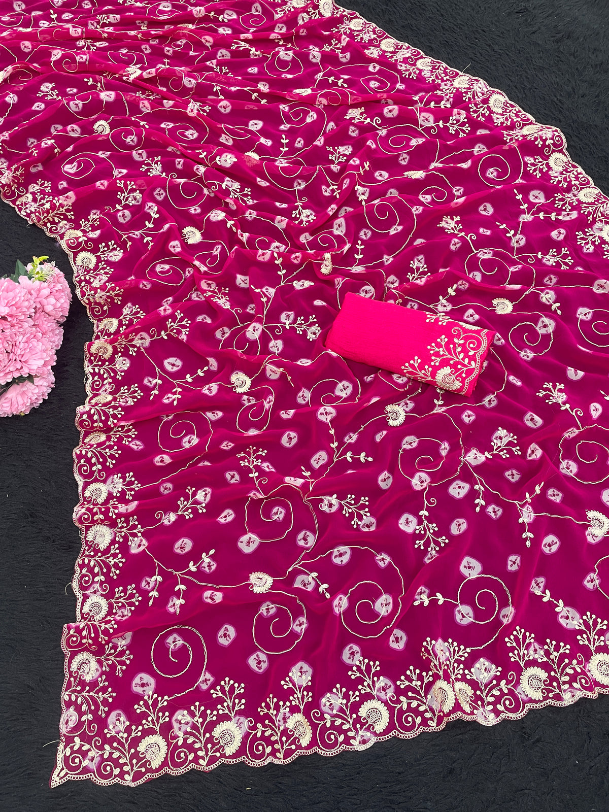 pitta embroidery work coin design mill print saree with embroidered blouse