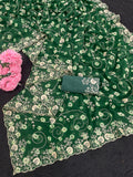 pitta embroidery work coin design mill print saree with embroidered blouse