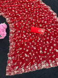 pitta embroidery work coin design mill print saree with embroidered blouse