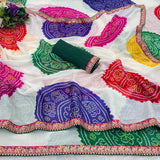 Pure Moss Chiffon fabric bandhani print saree with embroidery work lace border.