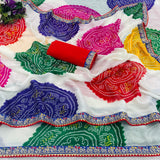 Pure Moss Chiffon fabric bandhani print saree with embroidery work lace border.