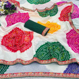 Pure Moss Chiffon fabric bandhani print saree with embroidery work lace border.