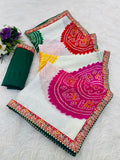 Pure Moss Chiffon fabric bandhani print saree with embroidery work lace border.