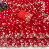 pitta embroidery work coin design mill print saree with embroidered blouse