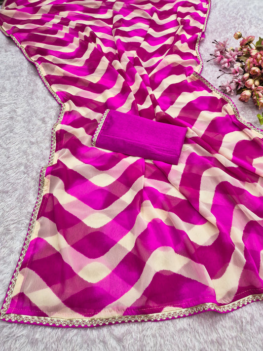 laheriya print georgette fabric with beads design lace border saree with heavy banglori silk blouse.