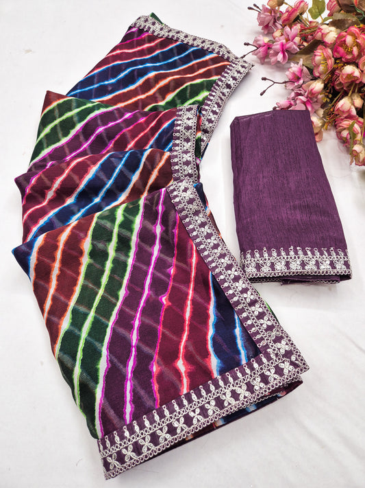 chiffon fabric saree laheriya print design with embroidery work lace border