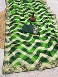 pitta embroidery work "C PALLU " design on laheriya print saree with embroidered blouse.