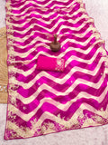 pitta embroidery work "C PALLU " design on laheriya print saree with embroidered blouse.