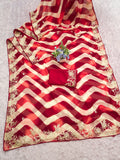 pitta embroidery work "C PALLU " design on laheriya print saree with embroidered blouse.