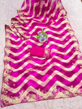 pitta embroidery work "C PALLU " design on laheriya print saree with embroidered blouse.