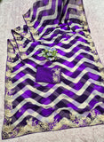 pitta embroidery work "C PALLU " design on laheriya print saree with embroidered blouse.