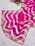 pitta embroidery work "C PALLU " design on laheriya print saree with embroidered blouse.