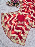 pitta embroidery work "C PALLU " design on laheriya print saree with embroidered blouse.
