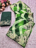 pitta embroidery work "C PALLU " design on laheriya print saree with embroidered blouse.