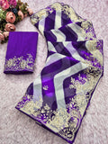 pitta embroidery work "C PALLU " design on laheriya print saree with embroidered blouse.