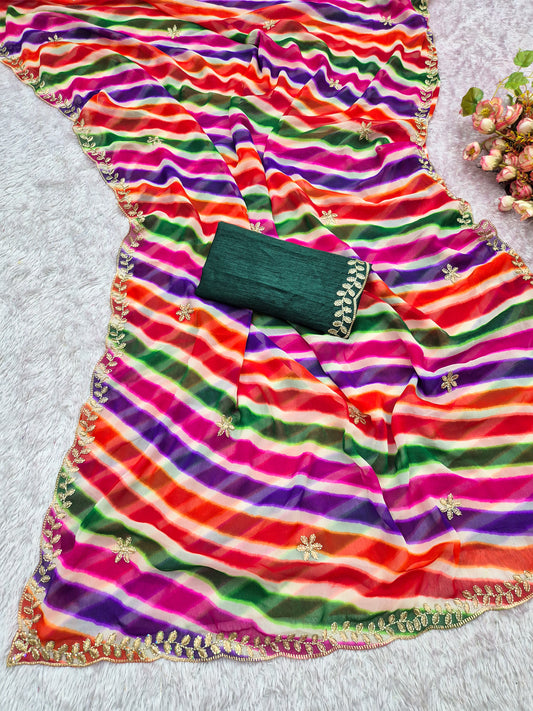 Light colour matching laheriya print beads embroidery work saree