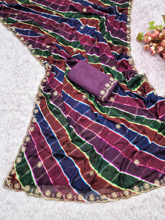 Chiffon Fabric Laheriya Print saree with beads embroidery work embroidered blouse.
