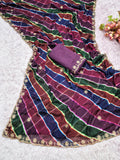 Chiffon Fabric Laheriya Print saree with beads embroidery work embroidered blouse.