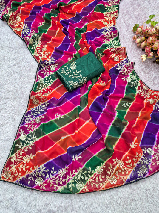 Laheriya print soft georgette fabric saree with beautiful embroidery work design with embroidered blouse
